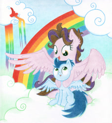 Size: 2000x2199 | Tagged: safe, artist:agamnentzar, derpibooru import, soarin', amy keating rogers, chest fluff, colt, cute, mother, ponified, rainbow, soren, stealth pun, traditional art