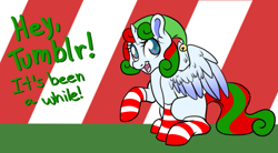 Size: 919x508 | Tagged: safe, artist:srsishere, derpibooru import, oc, oc only, alicorn, elf pony, pony, alicorn oc, christmas, clothes, hat, princess skyla replies, socks, solo, sparkles, striped socks, tumblr