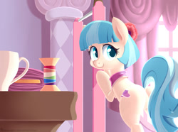 Size: 1067x795 | Tagged: safe, artist:frankier77, derpibooru import, coco pommel, earth pony, pony, bipedal, bipedal leaning, carousel boutique, fabric, featureless crotch, leaning, plot, rainbow thread, solo, teacup