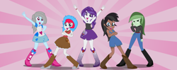 Size: 1024x406 | Tagged: safe, artist:partylikeanartist, derpibooru import, oc, oc only, oc:flipside, oc:indigo wire, oc:olive martini, oc:roiling steam, oc:tory equis, equestria girls, crossed arms, dancing, group, helping twilight win the crown, sunburst background