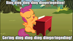 Size: 403x228 | Tagged: safe, derpibooru import, scootaloo, image macro, piano, solo, the fox, what does the fox say?, ylvis