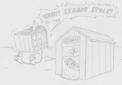 Size: 1800x1258 | Tagged: safe, artist:santanon, derpibooru import, fluffy pony, dog house, miranda, monochrome, simmer, sleeping, stuck