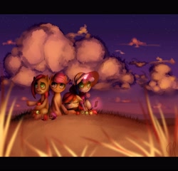 Size: 5000x4800 | Tagged: safe, artist:vardastouch, derpibooru import, apple bloom, babs seed, scootaloo, sweetie belle, absurd resolution, apple, cutie mark crusaders, hat, magic, sunset