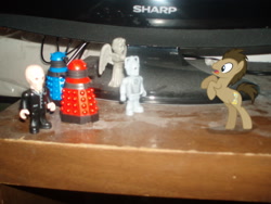 Size: 640x480 | Tagged: safe, derpibooru import, doctor whooves, alien, angel, cyborg, angels, cyberman, cybus cyberman, dalek, dalek drone, dalek strategist, daleks, dust, irl, mutant, photo, photography, ponies in real life, silent, toy, weeping, weeping angel, weeping angels