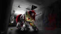 Size: 2320x1305 | Tagged: safe, artist:favmir, derpibooru import, oc, oc only, oc:blackjack, cyborg, pony, unicorn, fallout equestria, fallout equestria: project horizons, level 1 (project horizons), prosthetics, solo