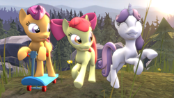 Size: 1191x670 | Tagged: safe, artist:drdicksamazingstick, derpibooru import, apple bloom, scootaloo, sweetie belle, 3d, cutie mark crusaders, forest, happy, source filmmaker