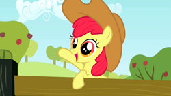 Size: 1280x720 | Tagged: safe, derpibooru import, apple bloom, earth pony, pony, detailed background, female, filly, hat, solo