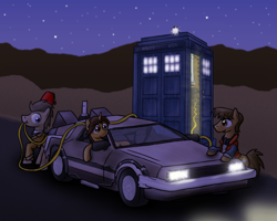 Size: 900x719 | Tagged: safe, artist:paper-pony, doctor whooves, oc, back to the future, crossover, delorean, doctor who, fez, hat, marty mcfly, ponified, tardis, tenth doctor