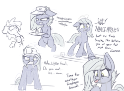 Size: 1280x939 | Tagged: safe, artist:heir-of-rick, limestone pie, angry, cupcake, food, hat, ice cream, sketch, waitress