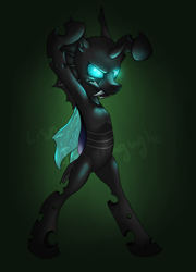 Size: 1158x1610 | Tagged: safe, artist:nessia, derpibooru import, changeling, angry, bipedal, glowing eyes, solo