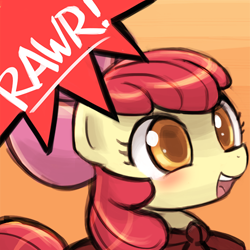 Size: 500x500 | Tagged: safe, artist:lumineko, apple bloom, earth pony, pony, adorabloom, avatar, blushing, bow, cape, clothes, cmc cape, cute, female, filly, hair bow, open mouth, rawr, rawrvatar, solo