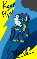 Size: 640x1024 | Tagged: safe, artist:crunchthedestroyer, derpibooru import, soarin', pegasus, pony, blue coat, blue mane, male, solo, stallion, wings