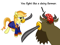 Size: 900x675 | Tagged: safe, artist:fetchbeer, cow, guybrush threepwood, insult swordfighting, monkey island, mouth hold, pirate, ponified, sword