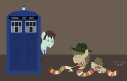 Size: 1119x714 | Tagged: safe, artist:sasukex125, derpibooru import, clothes, david tennant, doctor who, fourth doctor, pointy ponies, scarf, tardis, tenth doctor, tom baker