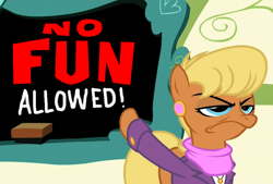 Size: 880x595 | Tagged: safe, derpibooru import, edit, edited screencap, screencap, ms. harshwhinny, earth pony, pony, flight to the finish, >:(, chalkboard, clothes, episode needed, eraser, exploitable meme, faic, female, frown, glare, image macro, mare, meme, ms. harshwhinny's professional chalkboard, no fun allowed, pointing, ponyville schoolhouse, raised hoof, raised leg, solo, text, unamused