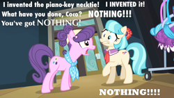 Size: 1280x720 | Tagged: safe, derpibooru import, edit, edited screencap, screencap, coco pommel, suri polomare, rarity takes manehattan, image macro, yelling, zoolander