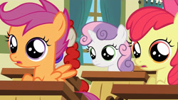 Size: 1280x720 | Tagged: safe, derpibooru import, screencap, apple bloom, scootaloo, sweetie belle, flight to the finish, stare