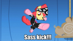 Size: 959x540 | Tagged: safe, apple bloom, image macro, kick, meme, sassle bloom, sassy, solo