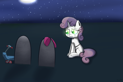 Size: 3000x2000 | Tagged: safe, artist:spenws, derpibooru import, apple bloom, scootaloo, sweetie belle, sweetie bot, pony, robot, unicorn, bow, crying, cutie mark crusaders, female, filly, foal, frown, gravestone, hooves, horn, immortality blues, implied death, moon, night, night sky, sad, scooter, sitting, sky, solo, stars, wavy mouth