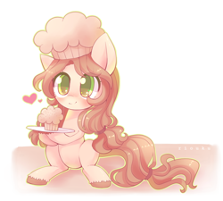 Size: 1000x900 | Tagged: safe, artist:riouku, oc, oc only, oc:cookie cream, earth pony, pony, blushing, cute, female, food, hat, heart, looking at you, mare, muffin, plate, smiling, solo