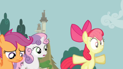 Size: 1366x768 | Tagged: safe, derpibooru import, screencap, apple bloom, scootaloo, sweetie belle, ponyville confidential, cutie mark crusaders, derp, force field, frown, scrunchy face, squishy