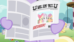 Size: 1366x768 | Tagged: safe, derpibooru import, screencap, apple bloom, dinky hooves, noi, scootaloo, sweetie belle, tornado bolt, ponyville confidential, cutie mark crusaders, foal free press, newspaper, picture