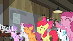 Size: 1366x768 | Tagged: safe, derpibooru import, screencap, apple bloom, cotton cloudy, diamond tiara, ruby pinch, scootaloo, sweetie belle, ponyville confidential, cutie mark crusaders, eyes closed, laughing, smiling