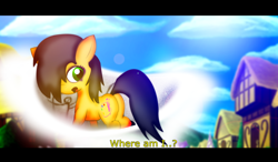 Size: 900x526 | Tagged: safe, artist:midnightmint-1, derpibooru import, oc, oc only, oc:palette, hair over one eye, ponyville, solo, text, waking up