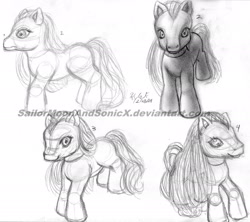 Size: 2148x1908 | Tagged: safe, artist:sailormoonandsonicx, scootaloo, g3, monochrome, solo, toy, traditional art