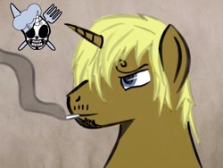 Size: 2048x1536 | Tagged: safe, artist:mylittleninja, anime, cigarette, jolly roger, one piece, ponified, skull, smoke, smoking, solo, vinsmoke sanji