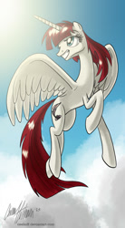 Size: 800x1445 | Tagged: safe, artist:ceehoff, derpibooru import, oc, oc only, oc:fausticorn, cloud, cloudy, flying, lauren faust, smiling, solo