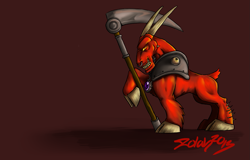 Size: 1405x900 | Tagged: safe, artist:zolah, derpibooru import, dungeon keeper, horned reaper, ponified, scythe, solo