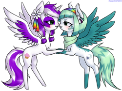 Size: 1450x1089 | Tagged: safe, artist:ponymonster, derpibooru import, oc, oc only, oc:champagne butterflies, oc:moonlight jubilee, alicorn, pegasus, pony, alicorn oc, female, lesbian, nuzzling, shipping, simple background