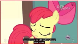 Size: 644x361 | Tagged: safe, derpibooru import, screencap, apple bloom, flight to the finish, hub logo, math, meme, solo, youtube caption