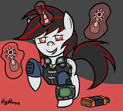 Size: 1500x1350 | Tagged: safe, artist:hydkore, oc, oc only, oc:blackjack, pony, unicorn, fallout equestria, fallout equestria: project horizons, abstract background, alcohol, bottle, clothes, cutie mark, dual wield, fanfic, fanfic art, female, glowing horn, grin, gun, handgun, hooves, horn, levitation, magic, mare, pipbuck, raised hoof, request, revolver, security armor, signature, smiling, solo, teeth, telekinesis, vault security armor, vault suit, weapon, whiskey