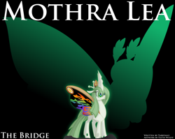 Size: 1570x1251 | Tagged: safe, artist:faith-wolff, changeling, changeling queen, kaiju, fanfic:the bridge, black background, changelingified, colored sclera, colored wings, cover, fanfic art, female, godzilla (series), green sclera, kaiju changeling, mothra, mothra lea, multicolored wings, ponified, rainbow mothra, rainbow wings, simple background, solo