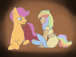 Size: 1600x1200 | Tagged: safe, artist:erko, scootaloo, oc, oc:prism, satyr, midriff, offspring, older, parent:rainbow dash