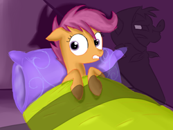 Size: 1400x1050 | Tagged: safe, artist:robsa990, olden pony, scootaloo, sleepless in ponyville, bed, shadow