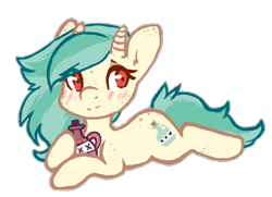 Size: 904x654 | Tagged: safe, artist:pomrawr, oc, oc only, oc:moonshine, pony, unicorn, bottle, freckles, prone, simple background, solo, transparent background