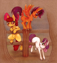 Size: 1617x1805 | Tagged: safe, artist:-fuchs-, apple bloom, scootaloo, sweetie belle, balancing, blushing, climbing, colored, cutie mark crusaders, fence, looking up, open mouth, simple background, smiling, spread wings, traditional art, unshorn fetlocks