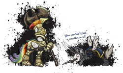 Size: 2264x1353 | Tagged: safe, artist:rariedash, derpibooru import, oc, oc only, armor, dark souls, elite knight set, fight, ponified, weapon