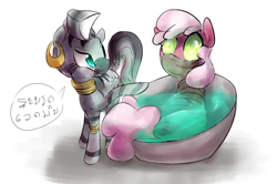 Size: 822x545 | Tagged: safe, artist:dotkwa, derpibooru import, cheerilee, zecora, zebra, chanting, grin, hypnosis, smiling, speech bubble, swaddling, tied up, water