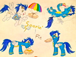 Size: 1280x960 | Tagged: safe, artist:bravokrofski, derpibooru import, soarin', eating, flying, hoof hold, mouth hold, pie, that pony sure does love pies, traditional art, wonderbolts uniform
