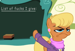 Size: 880x595 | Tagged: safe, derpibooru import, edit, ms. harshwhinny, flight to the finish, chalkboard, exploitable meme, grumpy, meme, ms. harshwhinny's professional chalkboard, solo, vulgar