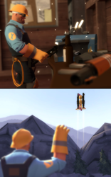 Size: 1280x2048 | Tagged: safe, artist:gergta, scootaloo, 3d, beer, blu, building, comic, crossover, engineer, flying, gmod, machine, rocket launcher, sparks, team fortress 2, wrench