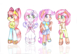 Size: 1024x724 | Tagged: safe, artist:lillyflover, apple bloom, babs seed, scootaloo, sweetie belle, anthro, cutie mark crusaders