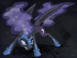 Size: 1160x877 | Tagged: safe, artist:topgull, derpibooru import, nightmare moon, action pose, fangs, pose, solo