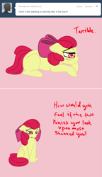 Size: 643x1119 | Tagged: safe, artist:nessia, derpibooru import, apple bloom, ponyville confidential, ask, solo, this apple bloom, tumblr