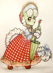 Size: 900x1232 | Tagged: safe, artist:oriwhitedeer, granny smith, pony, bipedal, bow, clothes, gloves, solo, traditional art, umbrella