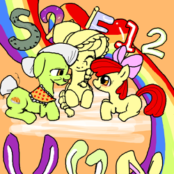 Size: 600x600 | Tagged: safe, artist:yajima, derpibooru import, apple bloom, granny smith, family appreciation day, pixiv, young granny smith, younger